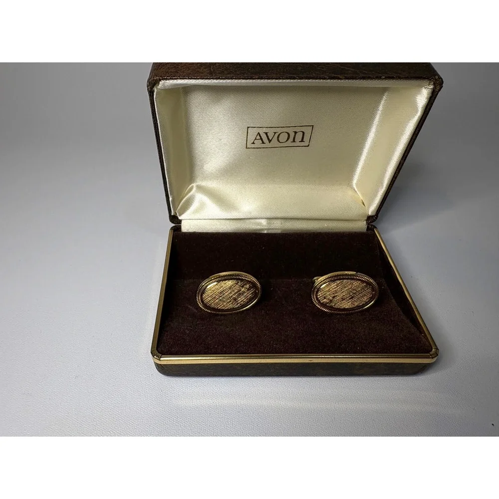 Vintage Avon Mens Cufflinks Gold Tone Textured Oval Pattern with Original Box